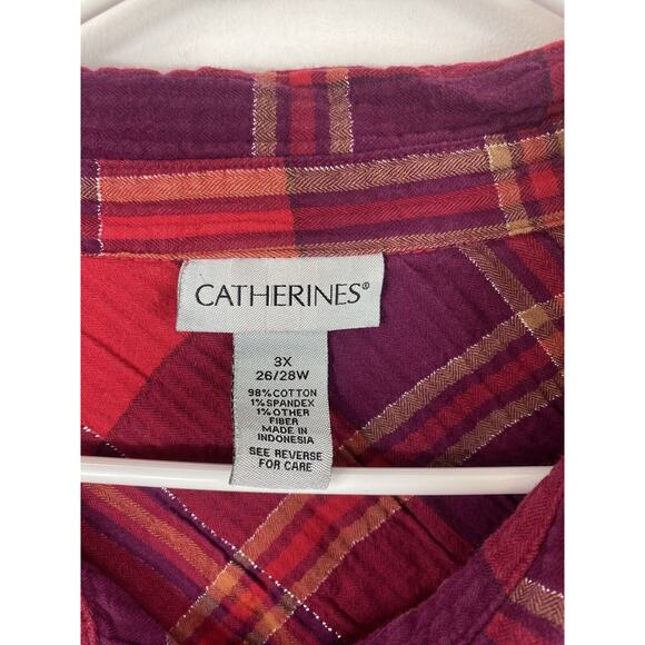 Cataherines Shirt Womens 3X Plus Button Down Plaid Red Metallic Cottagecore - Picture 3 of 7